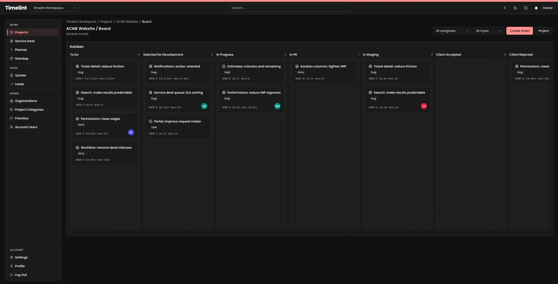Timelint Kanban board with a full set of tickets