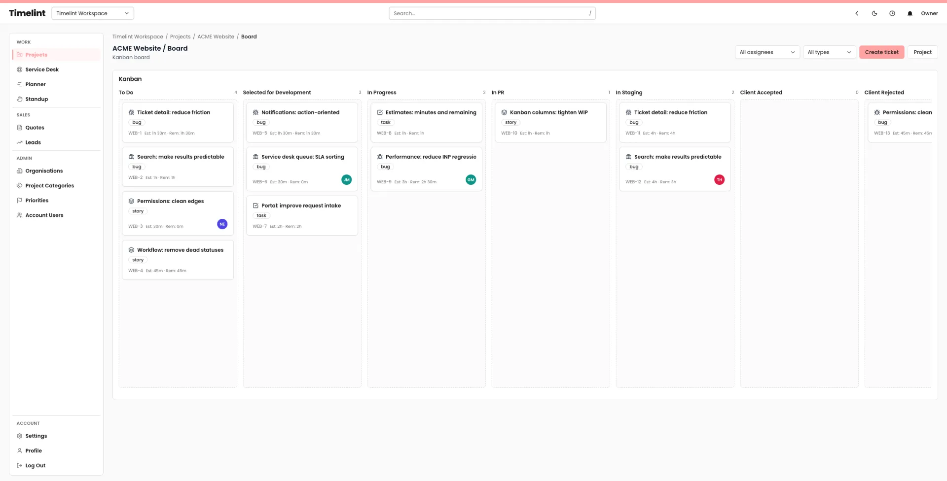 Timelint Kanban board with a full set of tickets