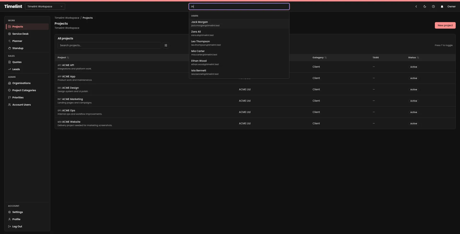 Timelint global search results