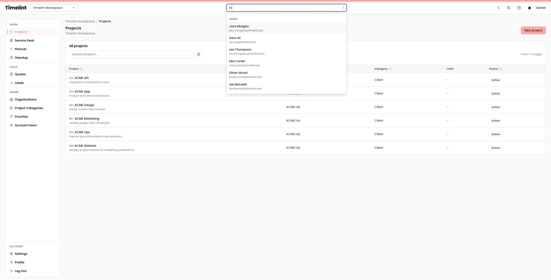 Timelint global search results