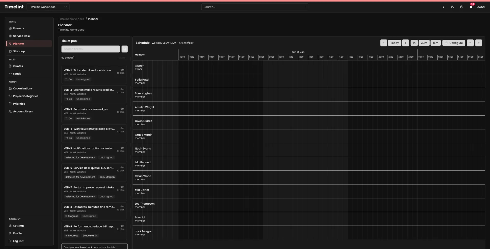 Timelint planner grid with scheduled tickets
