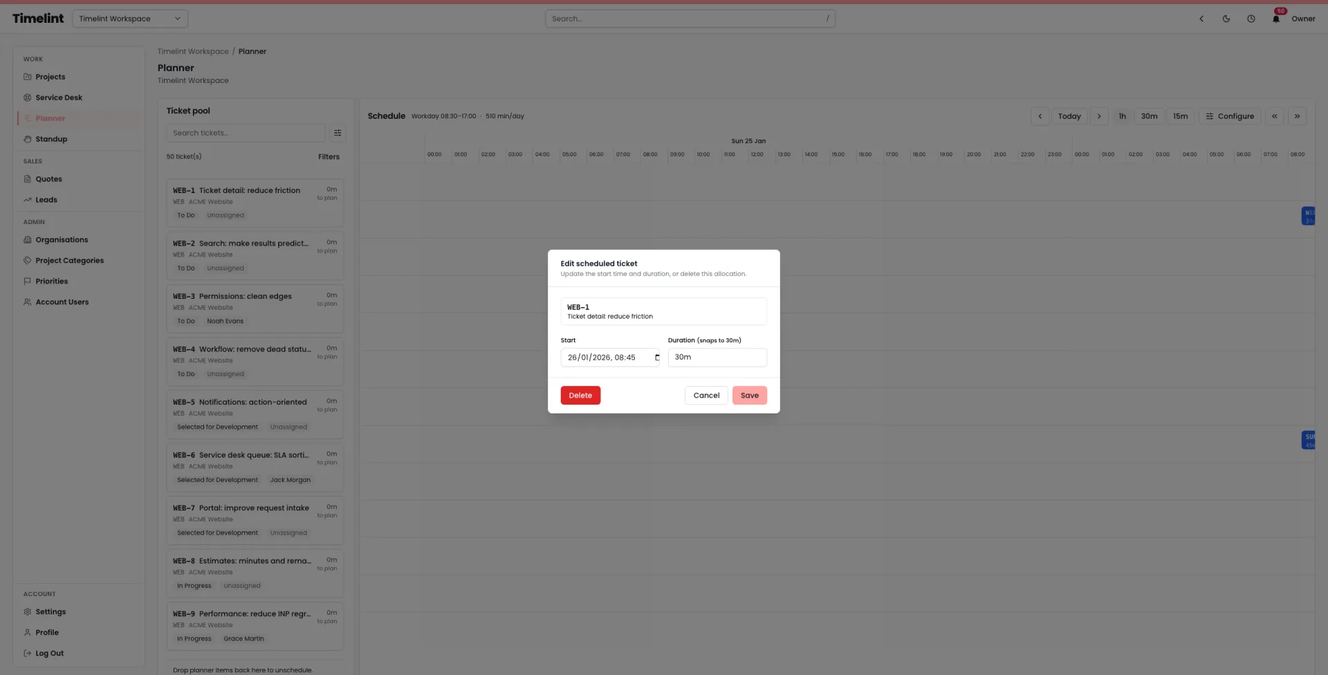 Timelint planner planned-item editor