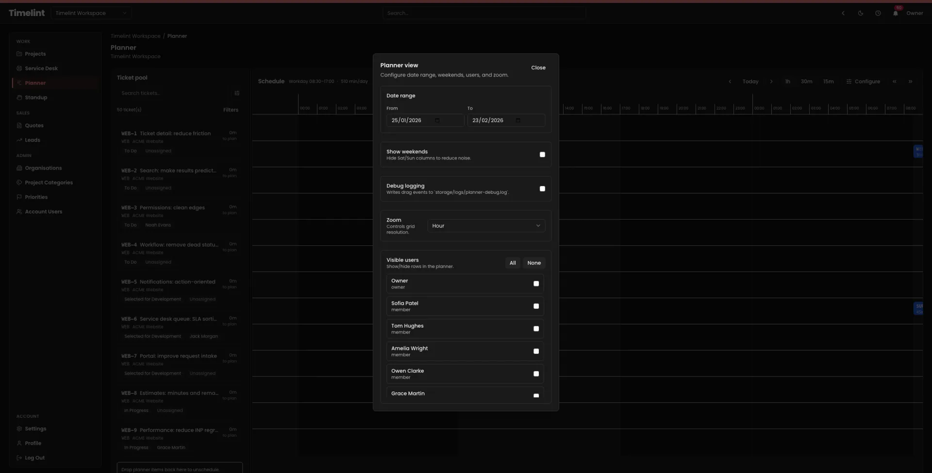 Timelint planner settings panel