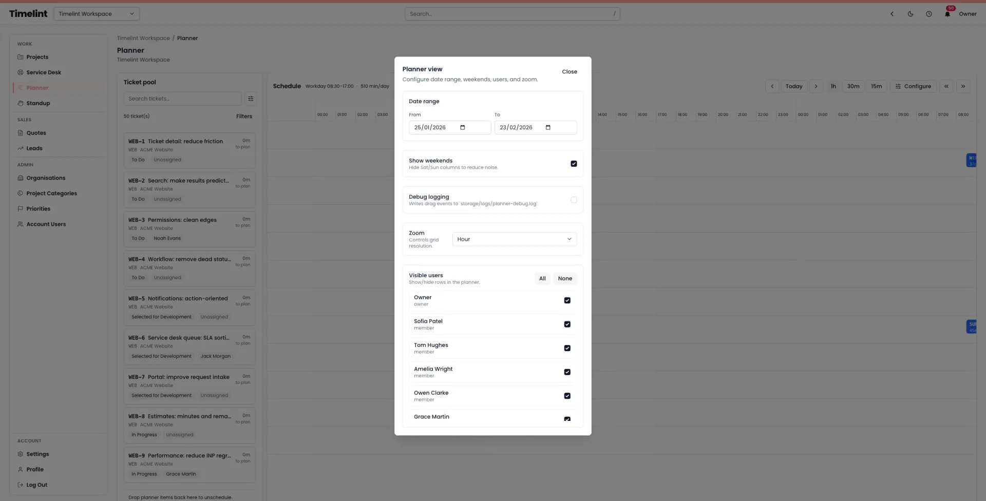 Timelint planner settings panel