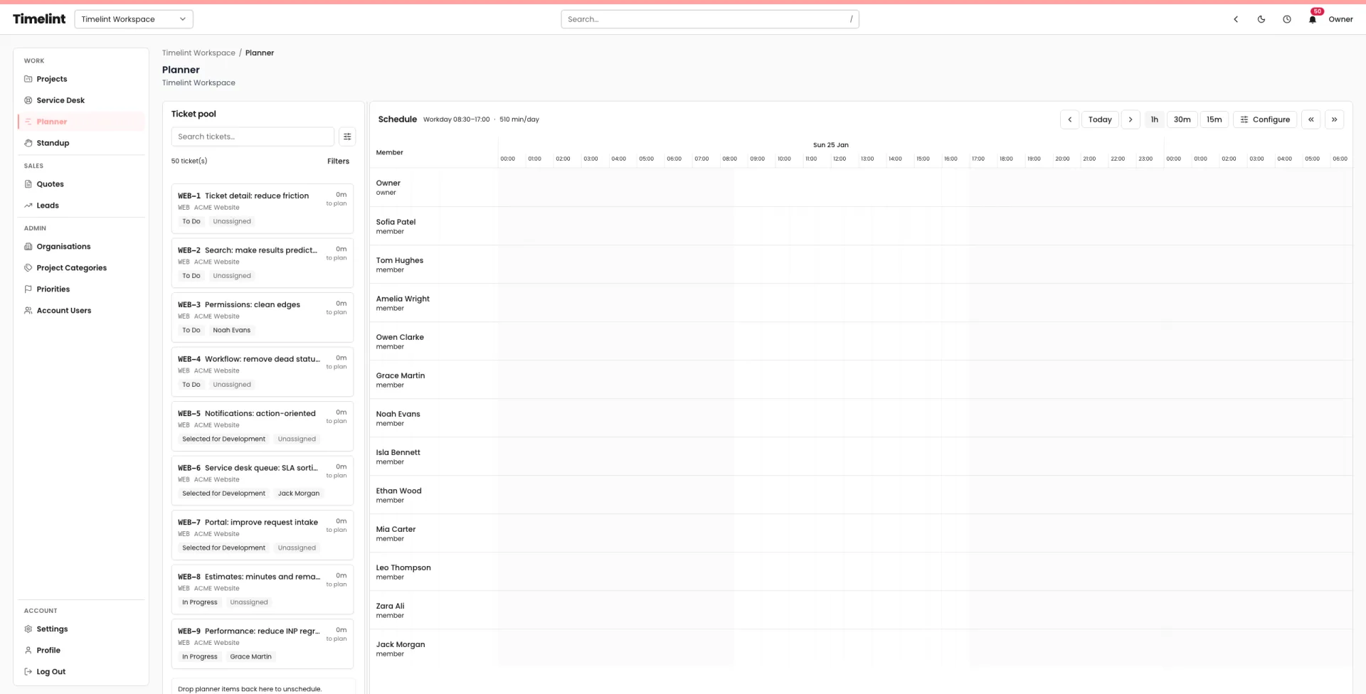 Timelint planner grid with scheduled tickets
