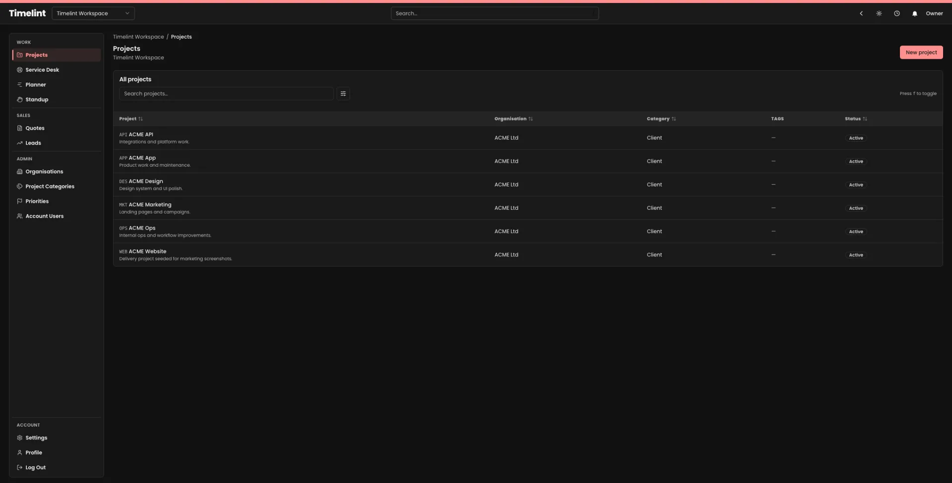 Timelint projects index with a full workspace