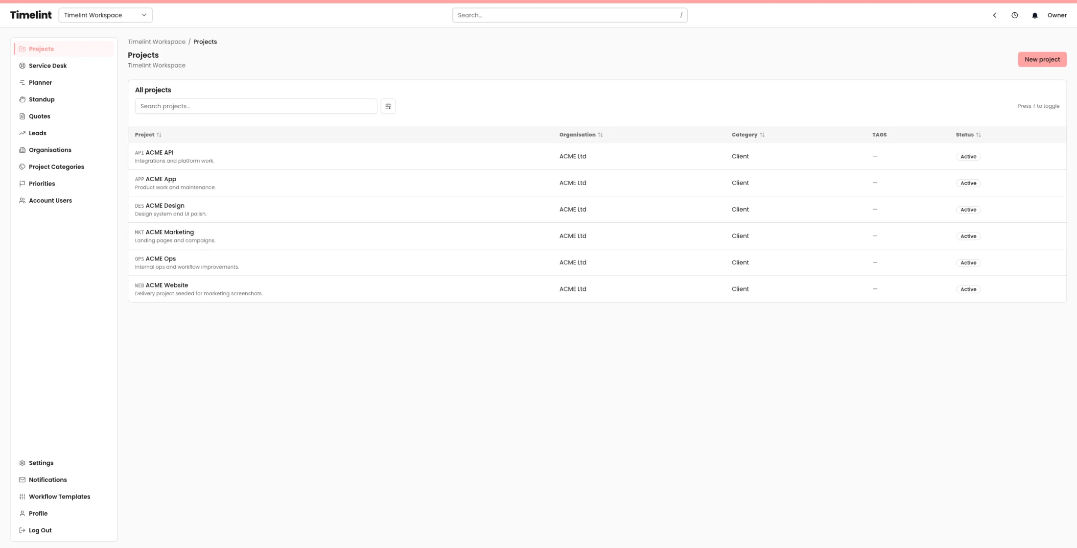 Timelint projects index with a full workspace