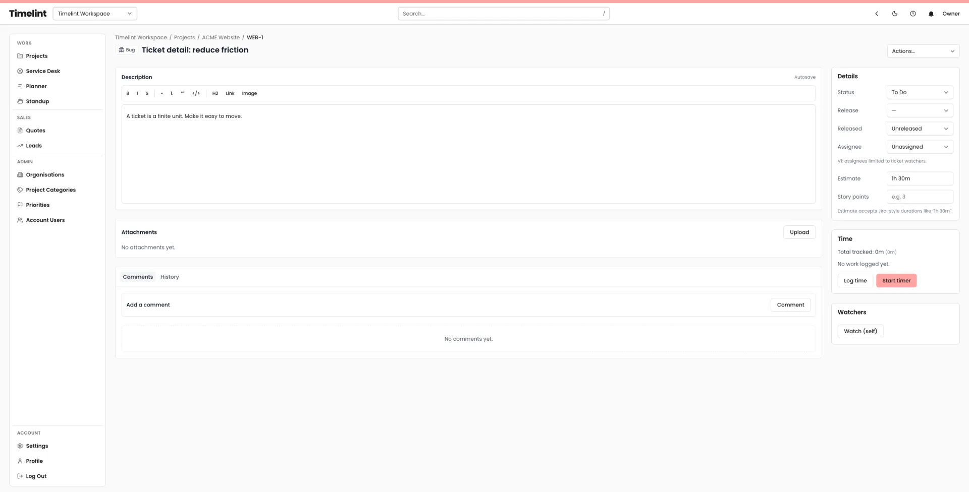 Timelint ticket detail view