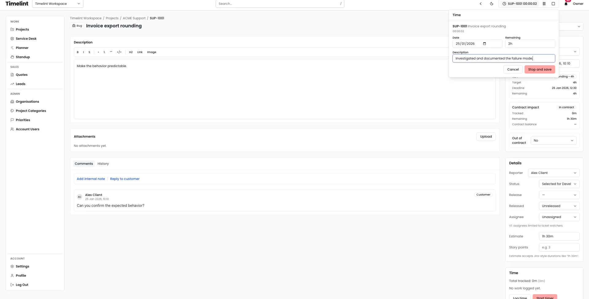 Timelint timer controls and stop-and-save panel