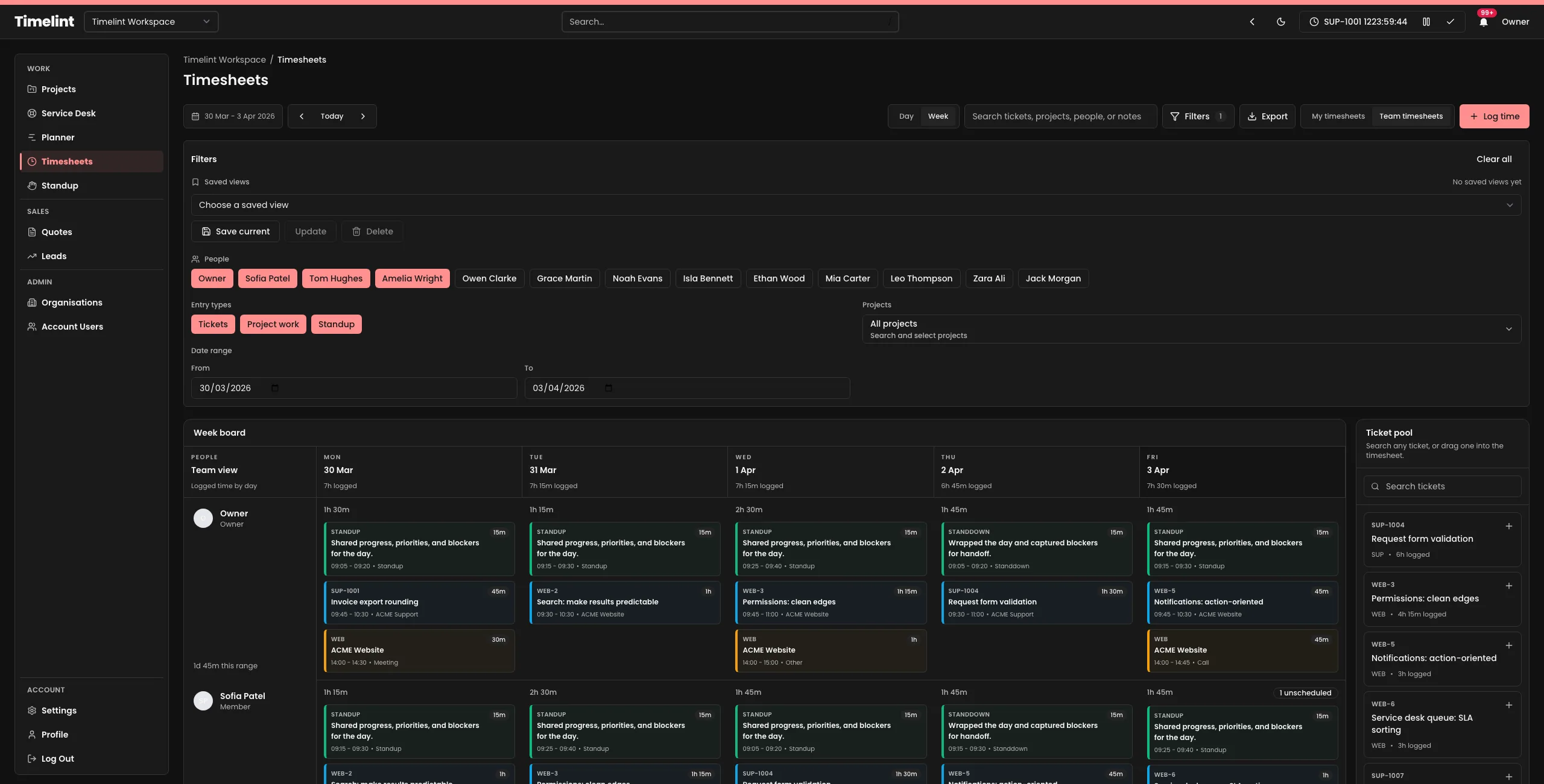 Timelint team timesheets calendar with ticket-based time tracking