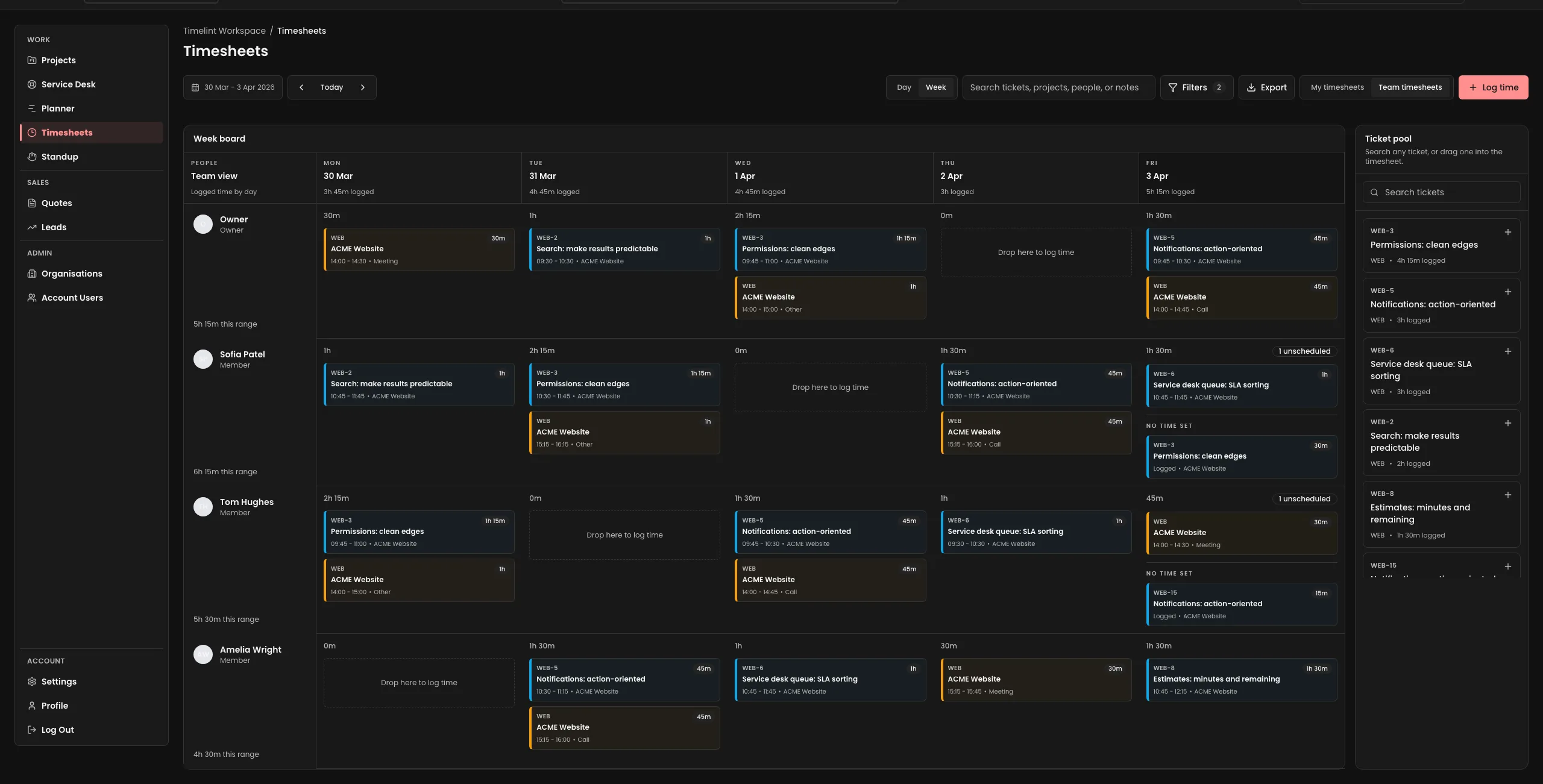 Timelint timesheets filters with date range and project selection