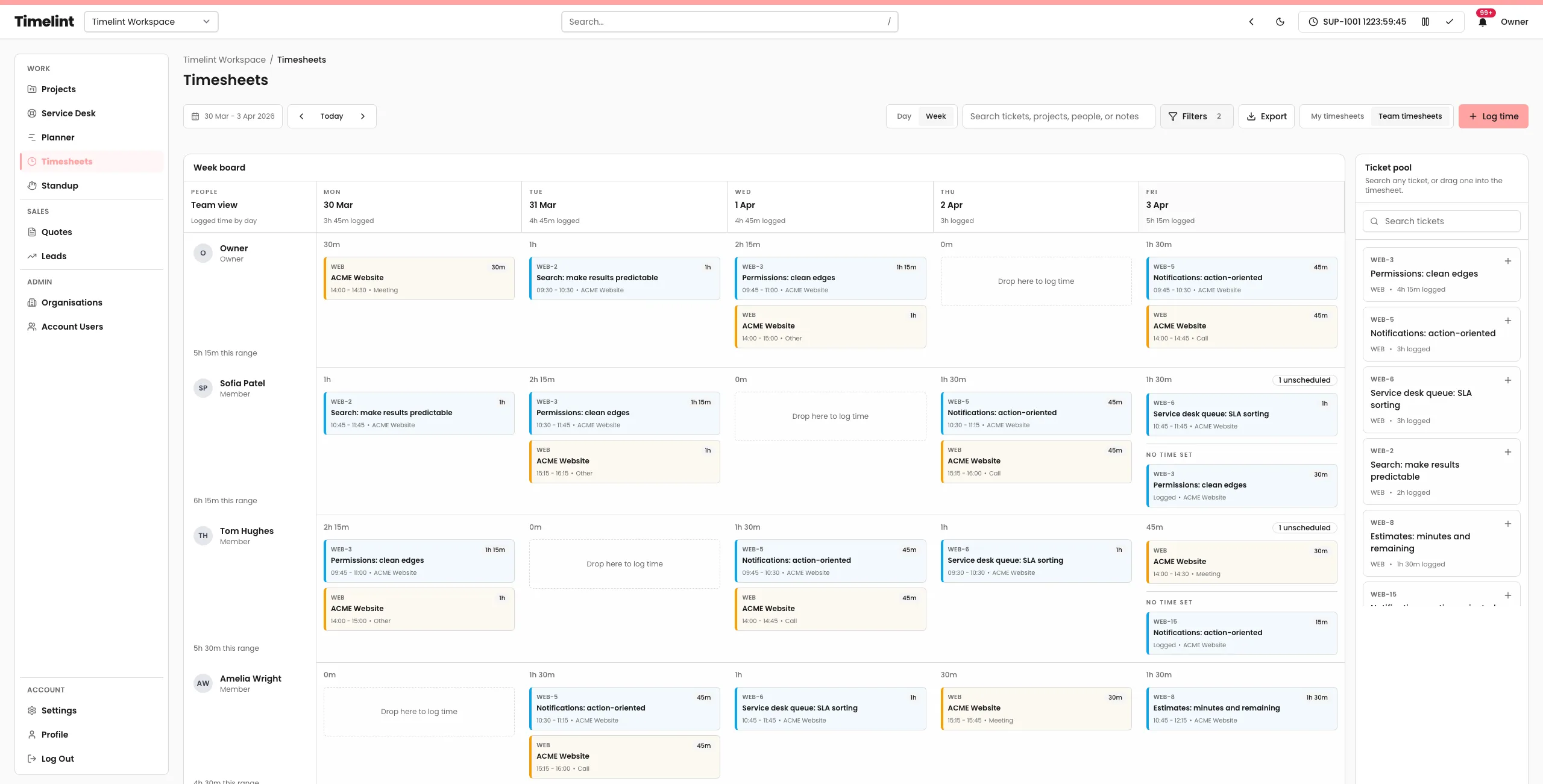 Timelint timesheets filters with date range and project selection