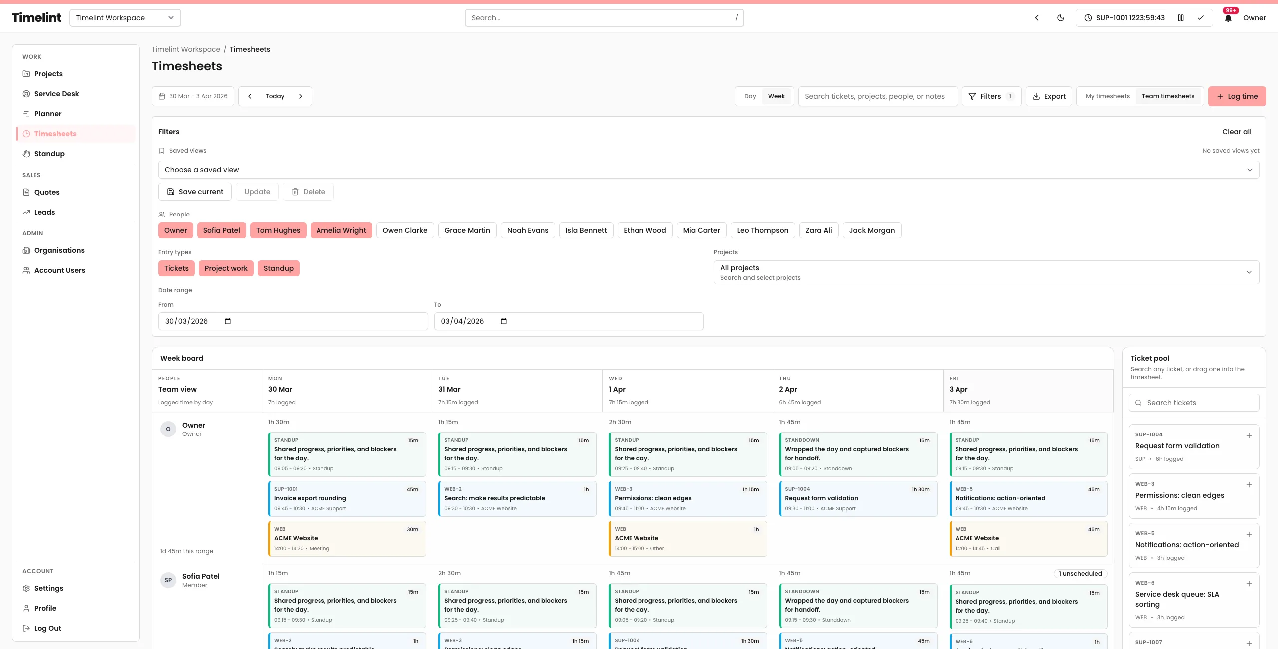 Timelint team timesheets calendar with ticket-based time tracking