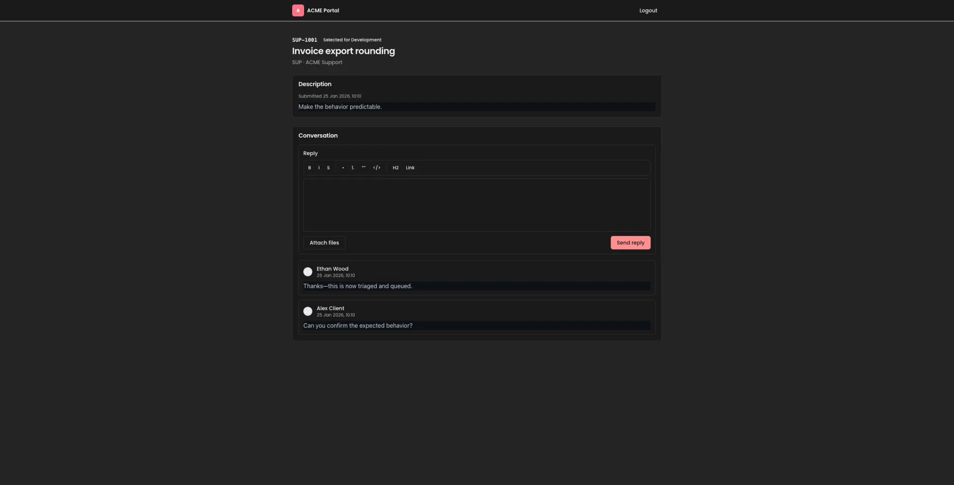 Timelint customer portal ticket view