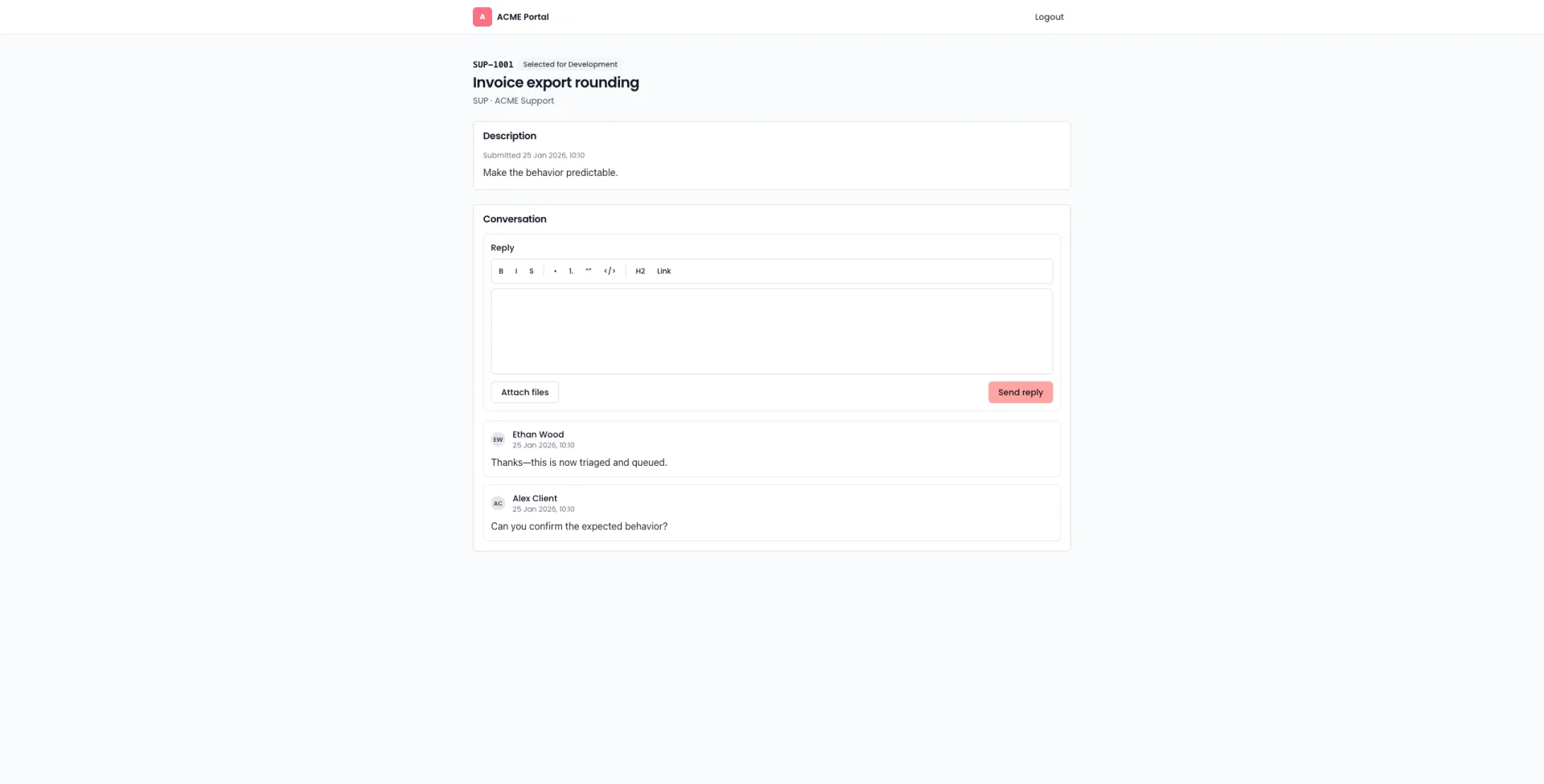 Timelint customer portal ticket view